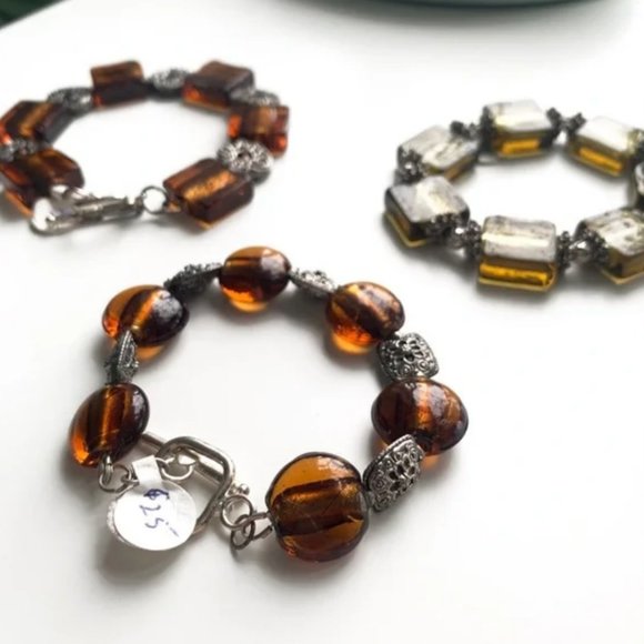 Orange & Gold Handmade Glass & Metal Bracelet Trio with Silver Accents - Picture 13 of 16